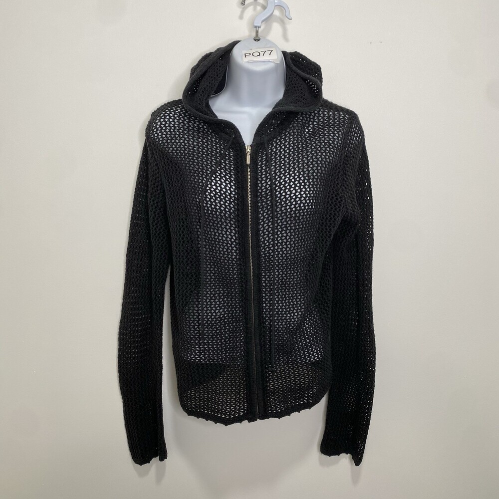 Vintage Y2K Faded Glory Crochet Hoodie Black Cotton Ramie Missy 4/6 Emo Goth